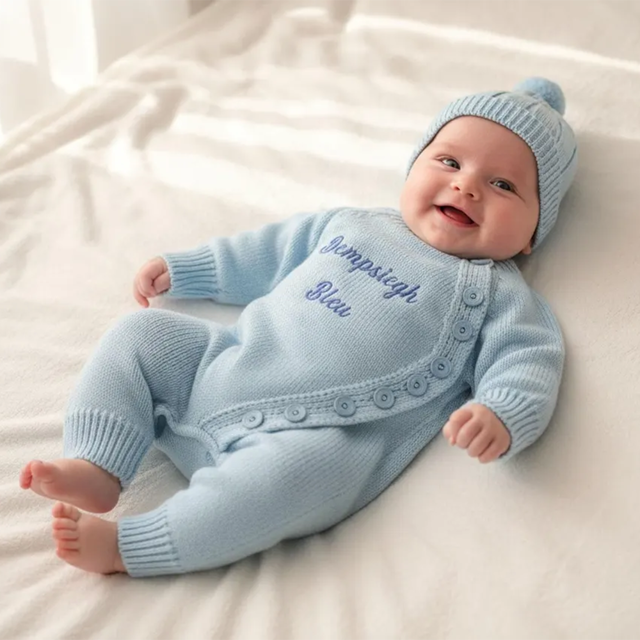 Picture of Custom Baby Bodysuit Set – Custom Embroidered Newborn Knit Outfit with Hat – Personalized Baby Clothes Gift