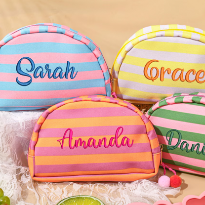 Picture of Personalized embroidered striped pom-pom cosmetic bag - Personalized travel and business travel portable organizer