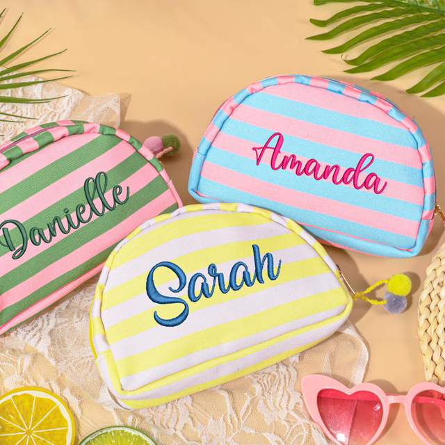 Picture of Personalized embroidered striped pom-pom cosmetic bag - Personalized travel and business travel portable organizer
