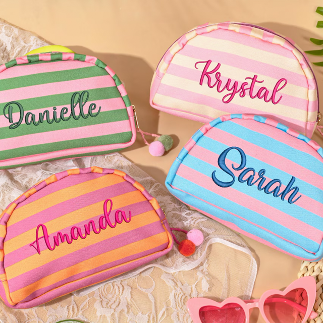 Picture of Personalized embroidered striped pom-pom cosmetic bag - Personalized travel and business travel portable organizer