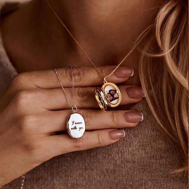 Picture of Personalized Photo Oval Locket Necklace - Custom Photo Locket Necklace with Engraving - Custom Jewelry