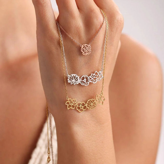 Picture of Personalized Birth Month Flower Necklace -  Month Flower Charm Stainless Steel Necklace - Mothers Day Gifts - Custom Jewelry