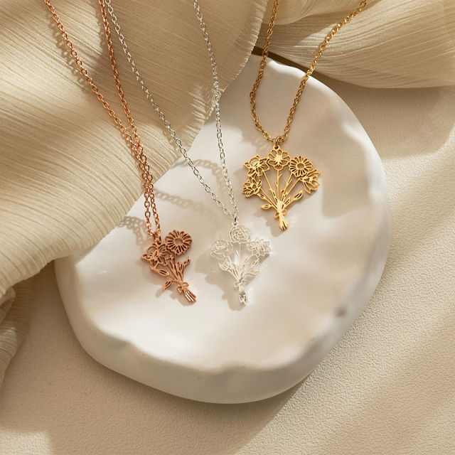 Picture of Custom Birth Flower Necklace - Personalized Necklaces w/ 1-5 Birth Flowers - Custom Stainless Steel Necklace - Wedding Bridesmaid Gift - Custom Jewelrycopy