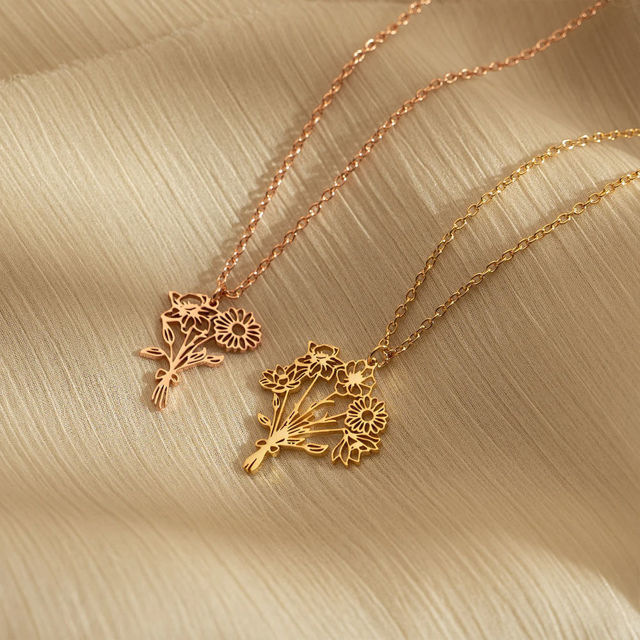 Picture of Custom Birth Flower Necklace - Personalized Necklaces w/ 1-5 Birth Flowers - Custom Stainless Steel Necklace - Wedding Bridesmaid Gift - Custom Jewelrycopy