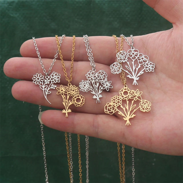 Picture of Custom Birth Flower Necklace - Personalized Necklaces w/ 1-5 Birth Flowers - Custom Stainless Steel Necklace - Wedding Bridesmaid Gift - Custom Jewelrycopy