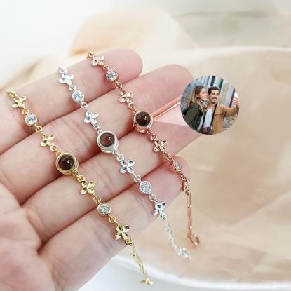 Picture of Personalized Photo Projection Charm Bracelet with Heart Chain - Four-Leaf Clover Style - Memorial Picture Bracelet for Her - Personalized Gifts for Valentine's Day and Anniversary
