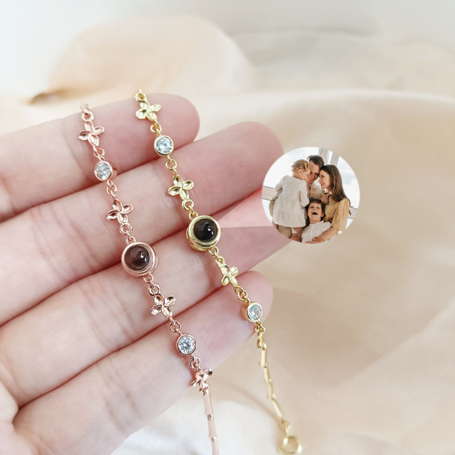 Picture of Personalized Photo Projection Charm Bracelet with Heart Chain - Four-Leaf Clover Style - Memorial Picture Bracelet for Her - Personalized Gifts for Valentine's Day and Anniversary