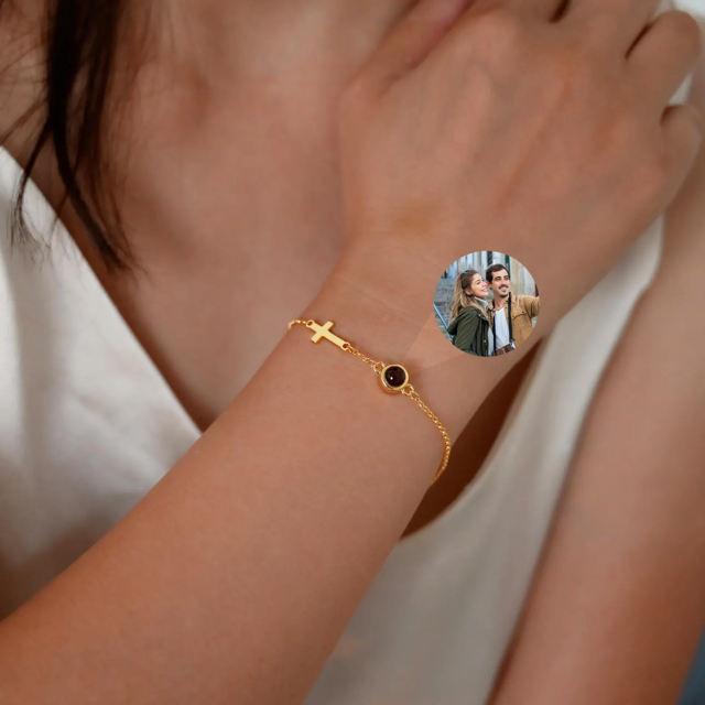 Picture of Personalized Photo Projection Bracelet with Cross - Dainty Cross Photo Bracelet - Picture Memorial Bracelet - Valentine's Day and Birthday Gift for Her