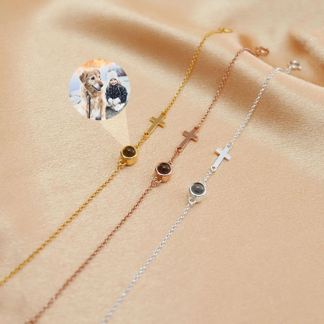 Picture of Personalized Photo Projection Bracelet with Cross - Dainty Cross Photo Bracelet - Picture Memorial Bracelet - Valentine's Day and Birthday Gift for Her