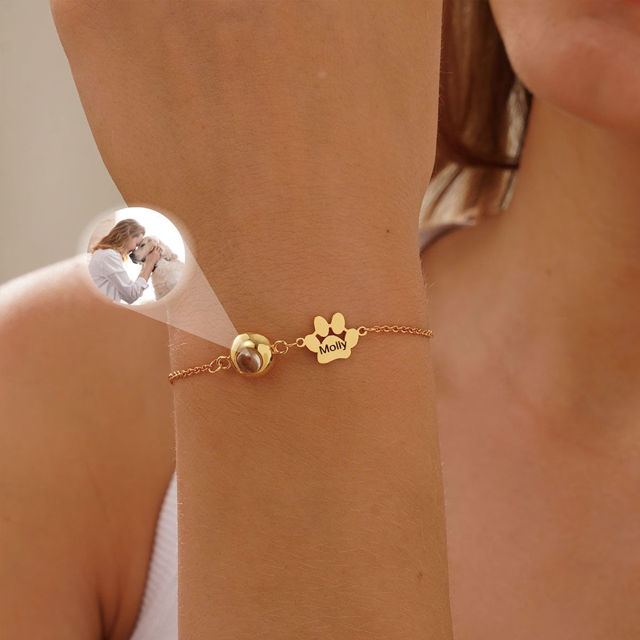 Picture of Custom Projection Bracelet with Photo and Name - Personalized Memorial Picture Bracelet with One or Two Dog Paw - Valentine's Day, Anniversary, Mother's day, Christmas Gifts