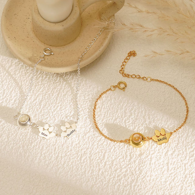 Picture of Custom Projection Bracelet with Photo and Name - Personalized Memorial Picture Bracelet with One or Two Dog Paw - Valentine's Day, Anniversary, Mother's day, Christmas Gifts