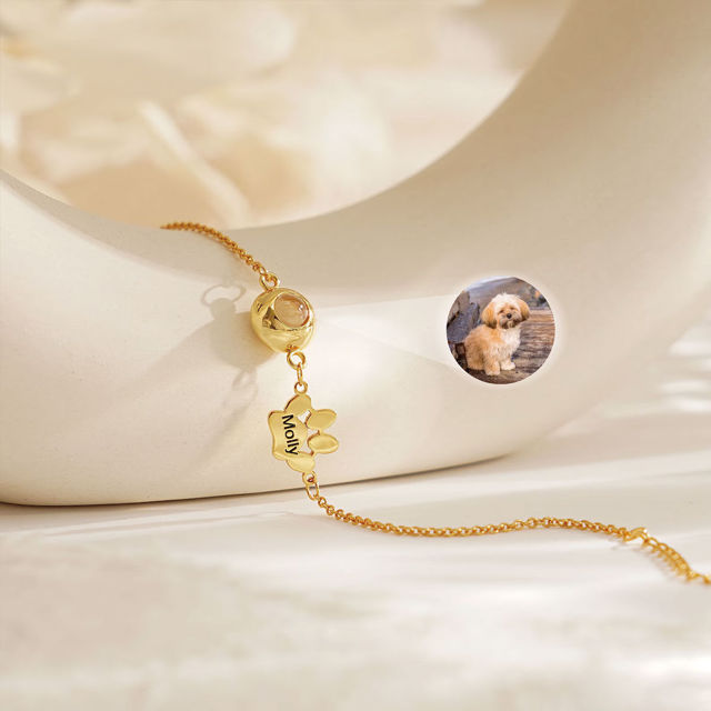 Picture of Custom Projection Bracelet with Photo and Name - Personalized Memorial Picture Bracelet with One or Two Dog Paw - Valentine's Day, Anniversary, Mother's day, Christmas Gifts
