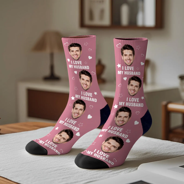 Picture of Personalized Photo Face Socks for Couples - I Love MY Wife / Husband Sccks - Valentine's Day Gifts
