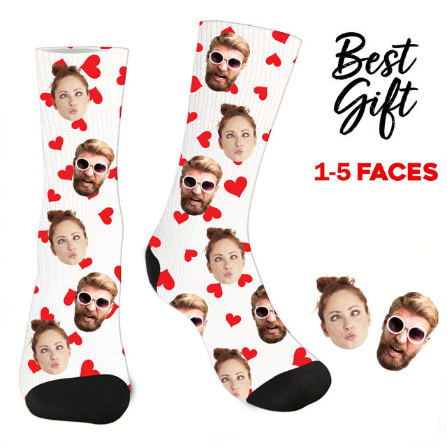 Picture of Personalized Face Socks for Valentine's Day - Covered with Red Hearts Socks