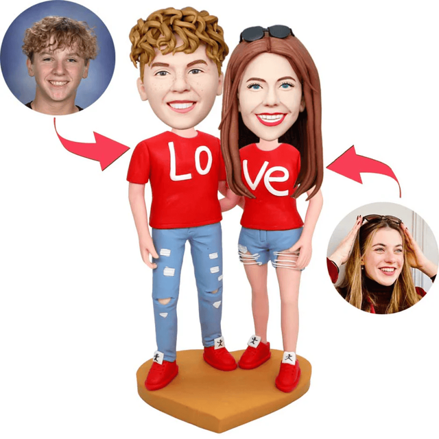 Picture of Custom Bobbleheads: Couple In Red Couple T-shirt | Personalized Bobbleheads for the Special Someone as a Unique Gift Idea｜Best Gift Idea for Birthday, Christmas, Thanksgiving