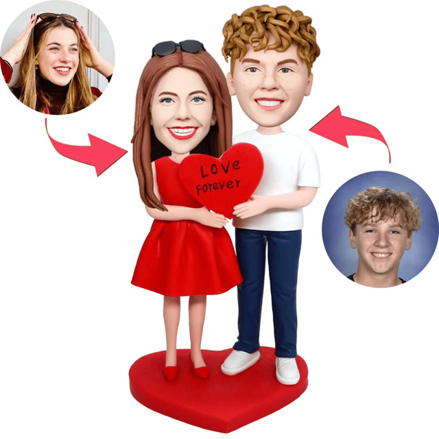 Picture of Custom Bobbleheads: Happy Couple Holding A Heart Sign | Personalized Bobbleheads for the Special Someone as a Unique Gift Idea｜Best Gift Idea for Birthday, Christmas, Thanksgiving