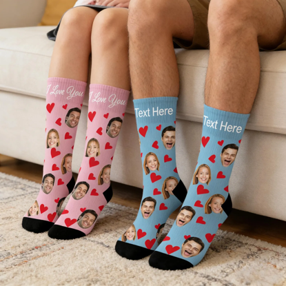 Picture of Personalized Face Socks for Valentine's Day - Covered with Red Hearts with Custom Text - Gift for Couples