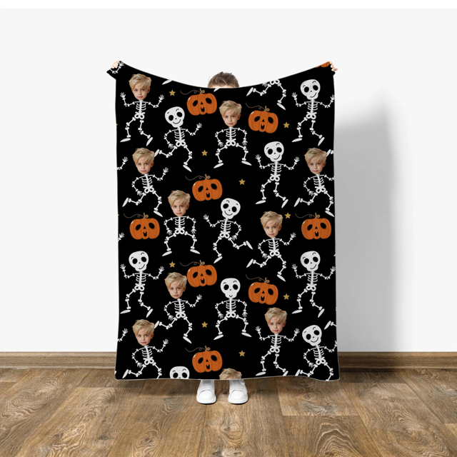 Picture of Personalized Halloween Custom Face Blanket - Funny Dancing Skeleton Pumpkin Personalized Blanket